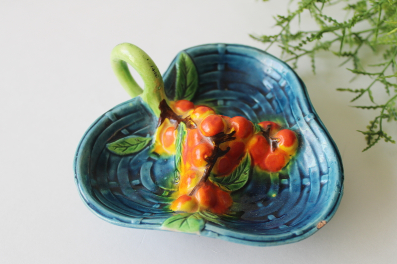 photo of majolica pottery style trinket dish w/ orange bittersweet berries vintage Japan hand painted #2