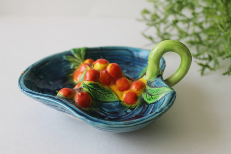 photo of majolica pottery style trinket dish w/ orange bittersweet berries vintage Japan hand painted #3