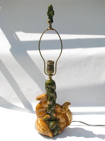 photo of majolica style squirrels & pinecones vintage art pottery table lamp #1