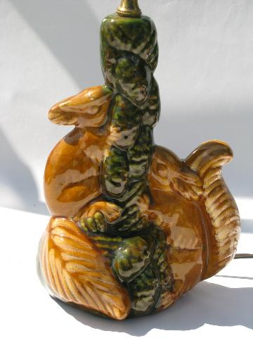 photo of majolica style squirrels & pinecones vintage art pottery table lamp #2