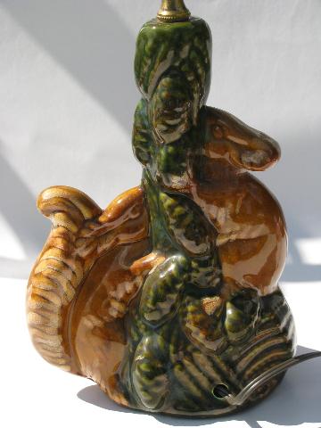 photo of majolica style squirrels & pinecones vintage art pottery table lamp #3