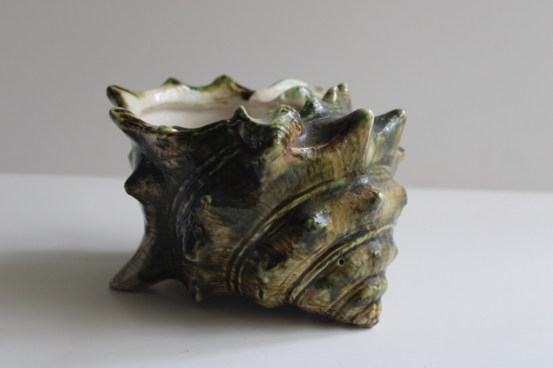 photo of majolica style vintage ceramic seashell, planter pot or deep ashtray, green conch shell  #1