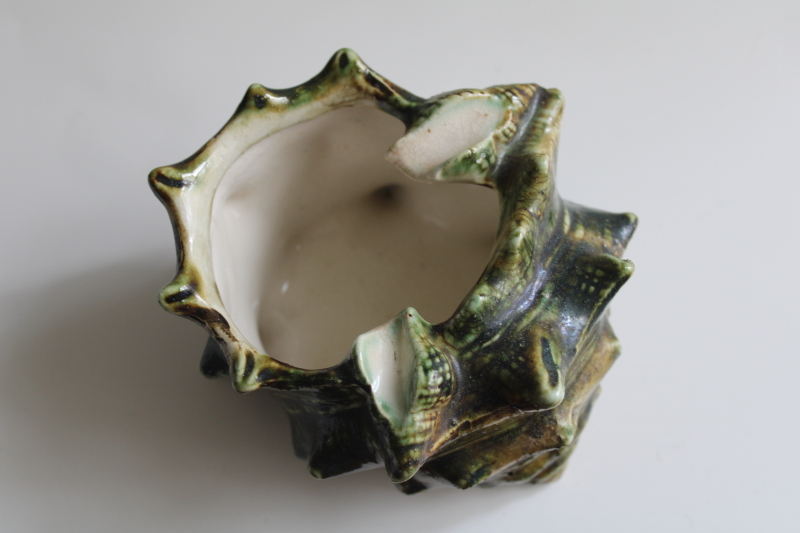 photo of majolica style vintage ceramic seashell, planter pot or deep ashtray, green conch shell  #2