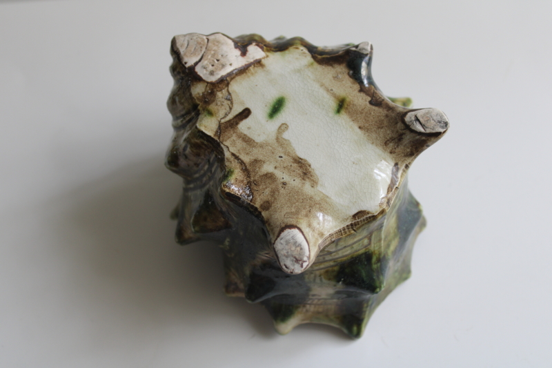 photo of majolica style vintage ceramic seashell, planter pot or deep ashtray, green conch shell  #5