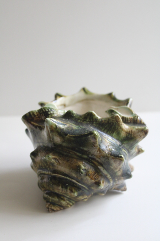 photo of majolica style vintage ceramic seashell, planter pot or deep ashtray, green conch shell  #7