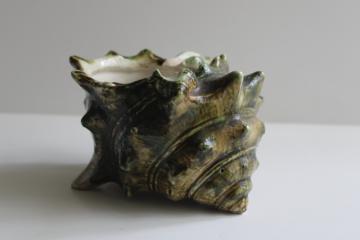 catalog photo of majolica style vintage ceramic seashell, planter pot or deep ashtray, green conch shell 