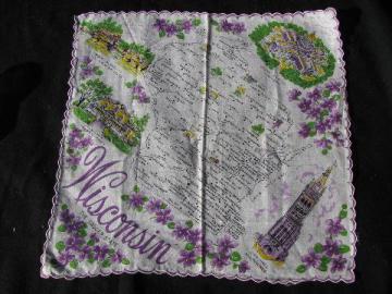 catalog photo of map print souvenir handkerchief, vintage Wisconsin printed cotton hanky