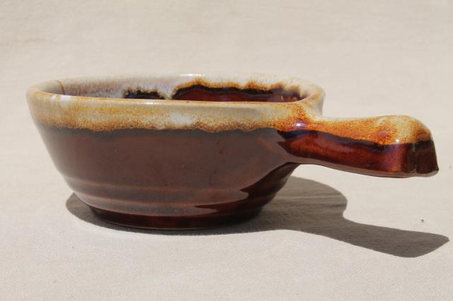 photo of maple leaf mark Western stoneware, set of two stick handle bowls, vintage brown drip pottery #2