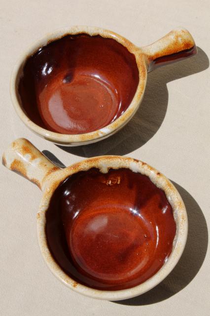 photo of maple leaf mark Western stoneware, set of two stick handle bowls, vintage brown drip pottery #3