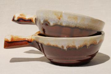 catalog photo of maple leaf mark Western stoneware, set of two stick handle bowls, vintage brown drip pottery