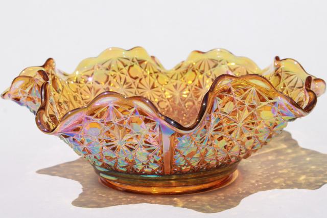 photo of marigold amber iridescent vintage Fenton glass daisy & button pattern large crimped bowl #2