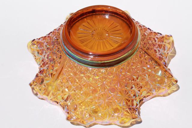 photo of marigold amber iridescent vintage Fenton glass daisy & button pattern large crimped bowl #4