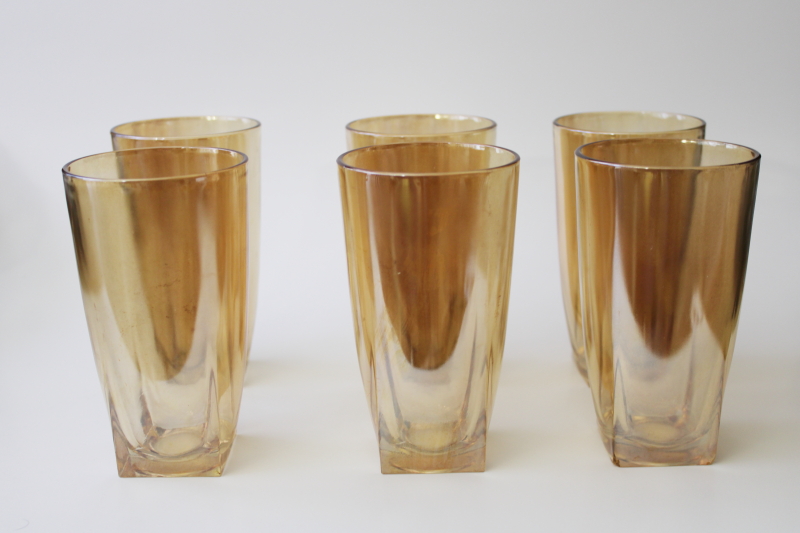 photo of marigold iridescent luster carnival glass drinking glasses, vintage Jeannette art deco tumbler #1