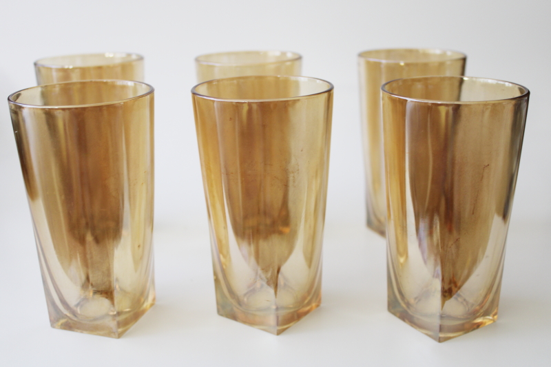 photo of marigold iridescent luster carnival glass drinking glasses, vintage Jeannette art deco tumbler #4