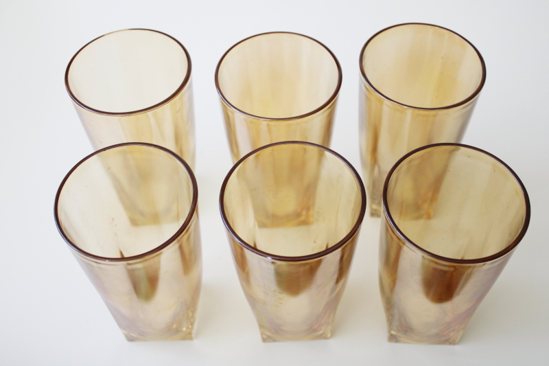 photo of marigold iridescent luster carnival glass drinking glasses, vintage Jeannette art deco tumbler #5