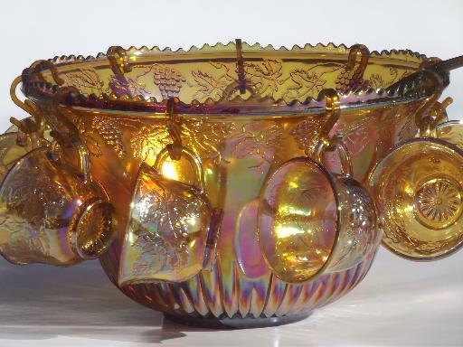 photo of marigold luster carnival glass grapes punch bowl & cups, 70s vintage #3