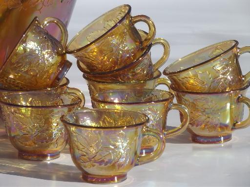 photo of marigold luster carnival glass grapes punch bowl & cups, 70s vintage #4