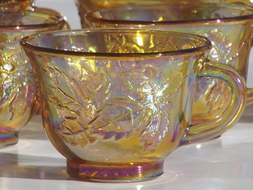 photo of marigold luster carnival glass grapes punch bowl & cups, 70s vintage #5