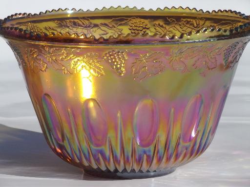 photo of marigold luster carnival glass grapes punch bowl & cups, 70s vintage #6