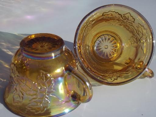 photo of marigold luster carnival glass grapes punch bowl & cups, 70s vintage #9