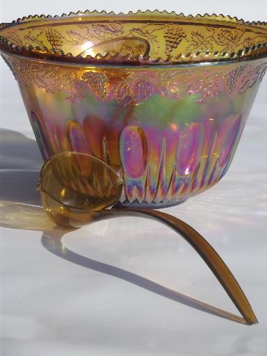 photo of marigold luster carnival glass grapes punch bowl & cups, 70s vintage #10