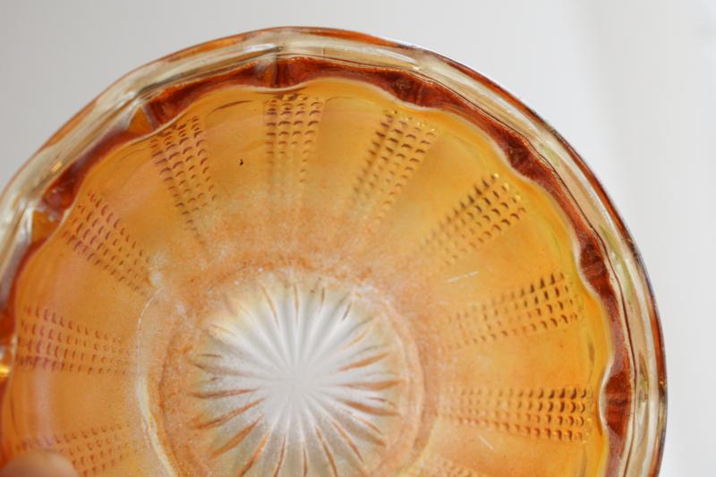 photo of marigold orange carnival glass fruit bowls, Hazel Atlas diamond point columns pattern #2