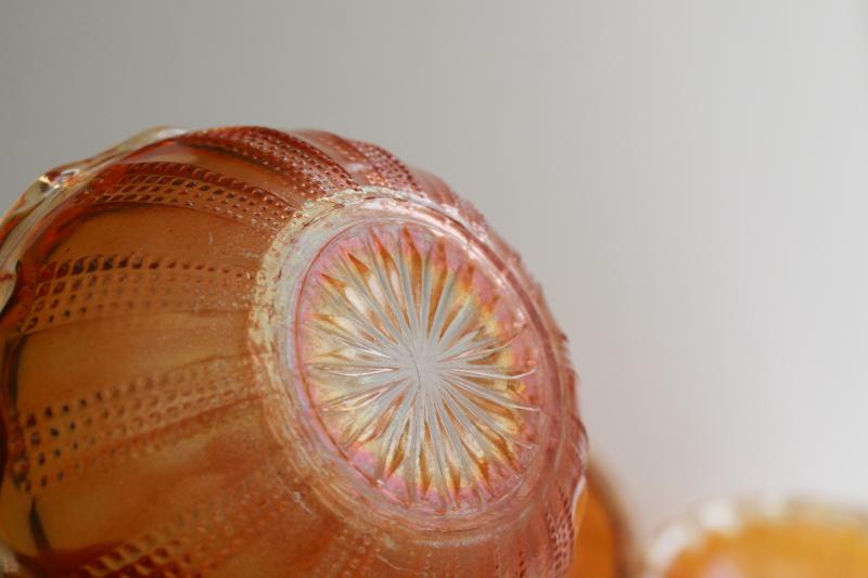 photo of marigold orange carnival glass fruit bowls, Hazel Atlas diamond point columns pattern #3