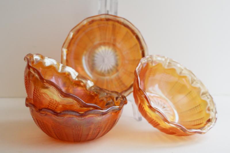 photo of marigold orange carnival glass fruit bowls, Hazel Atlas diamond point columns pattern #4