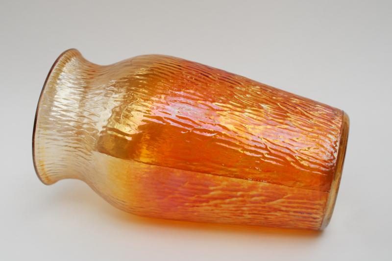 photo of marigold orange iridescent luster carnival glass, tree bark textured vintage glass vase #1