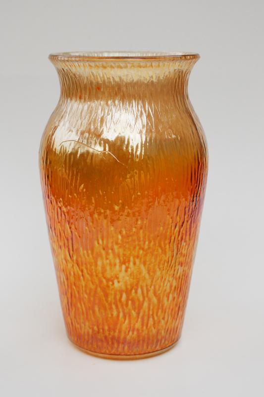 photo of marigold orange iridescent luster carnival glass, tree bark textured vintage glass vase #2