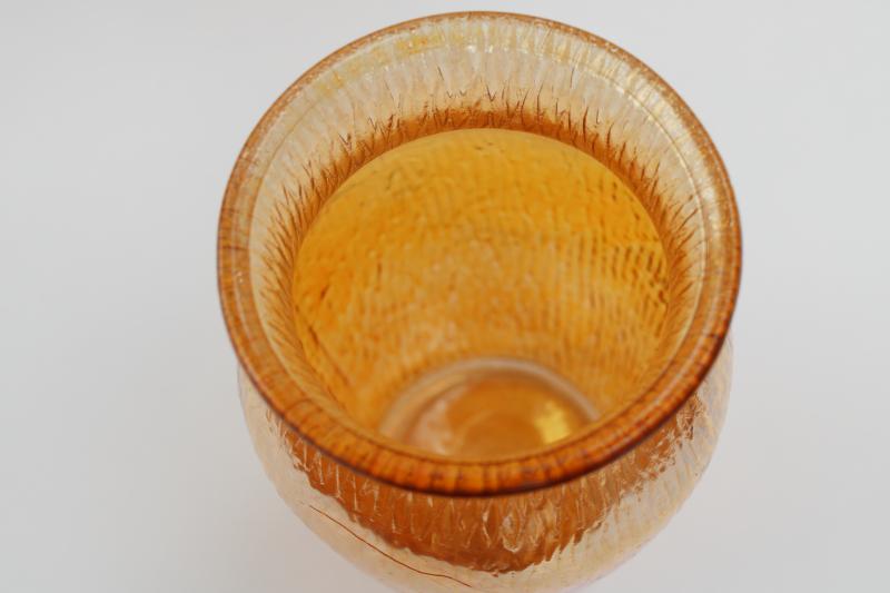 photo of marigold orange iridescent luster carnival glass, tree bark textured vintage glass vase #3