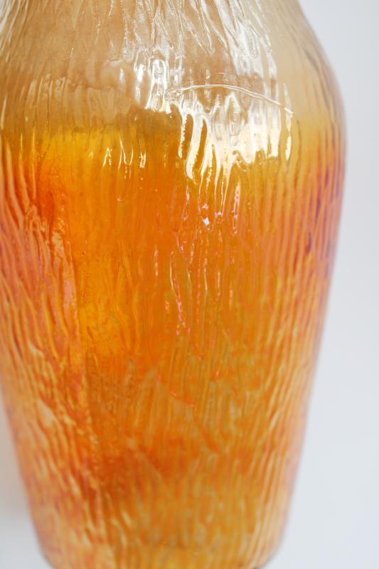 photo of marigold orange iridescent luster carnival glass, tree bark textured vintage glass vase #6