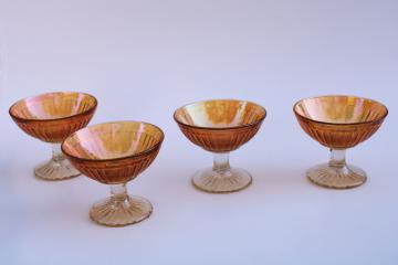 marigold orange luster carnival glass sherbet dishes, vintage glassware set