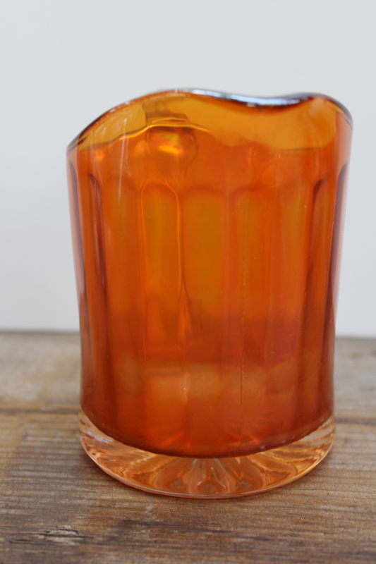 photo of marigold orange vintage carnival glass pitcher, large creamer amber iridescent color glass  #2