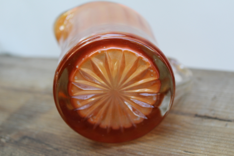photo of marigold orange vintage carnival glass pitcher, large creamer amber iridescent color glass  #5