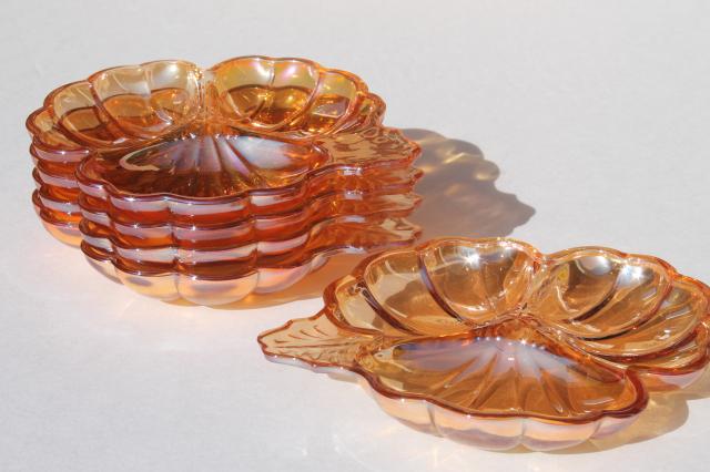 photo of marigold peach luster glass flower dishes, vintage Jeannette glass lusterware copper tint #2