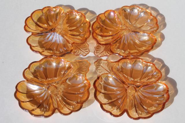 photo of marigold peach luster glass flower dishes, vintage Jeannette glass lusterware copper tint #3