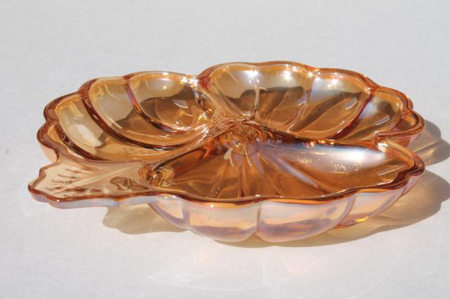 photo of marigold peach luster glass flower dishes, vintage Jeannette glass lusterware copper tint #4