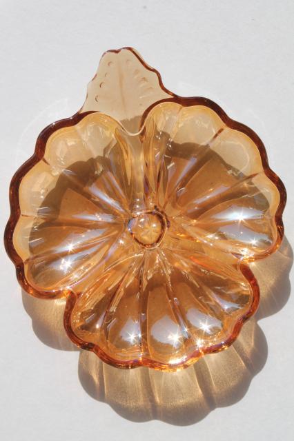 photo of marigold peach luster glass flower dishes, vintage Jeannette glass lusterware copper tint #5