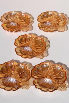 catalog photo of marigold peach luster glass flower dishes, vintage Jeannette glass lusterware copper tint