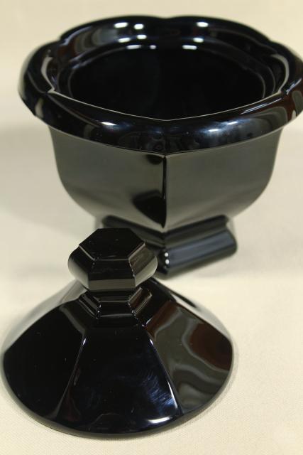 photo of marked Baccarat ebony black crystal jam pot or covered jar, vintage Missouri pattern #6