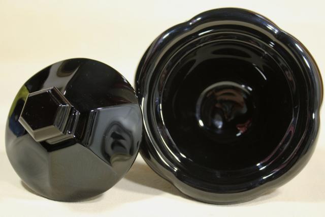 photo of marked Baccarat ebony black crystal jam pot or covered jar, vintage Missouri pattern #7
