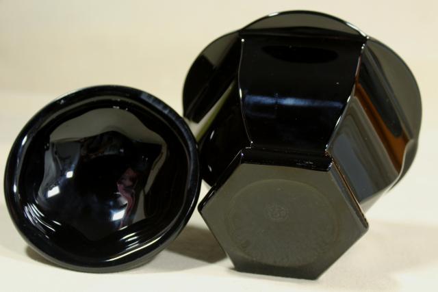 photo of marked Baccarat ebony black crystal jam pot or covered jar, vintage Missouri pattern #10