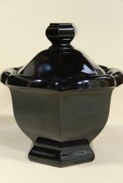 catalog photo of marked Baccarat ebony black crystal jam pot or covered jar, vintage Missouri pattern