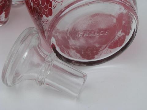 photo of marked France vintage decanter and shot glass set, ruby cranberry fruit #5