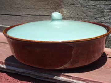 catalog photo of marked Red Wing casserole dish, vintage Village Green pottery bowl and lid