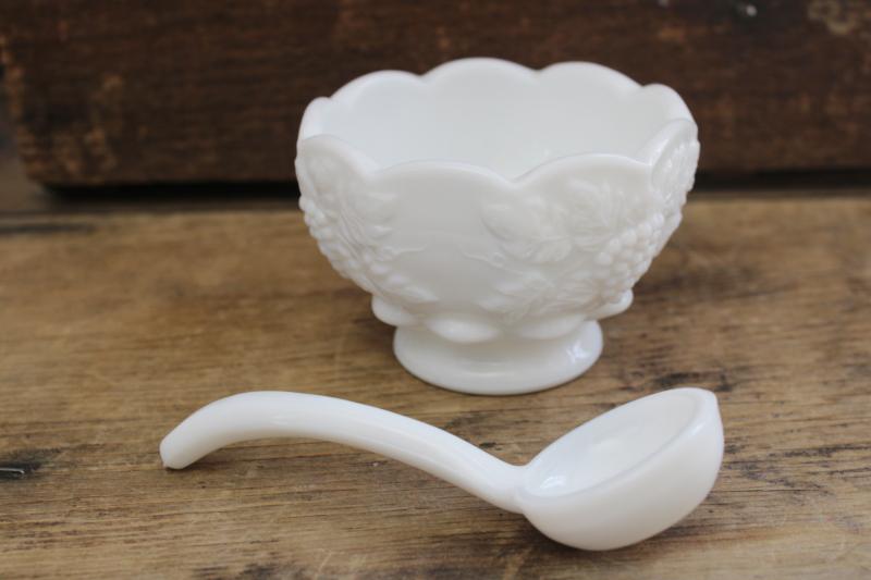 photo of marked Westmoreland milk glass mayo spoon or sauce ladle w/ paneled grape dish #1