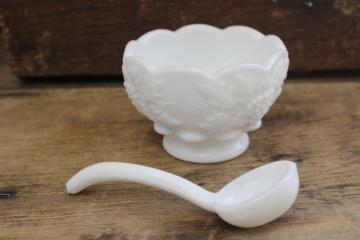 catalog photo of marked Westmoreland milk glass mayo spoon or sauce ladle w/ paneled grape dish