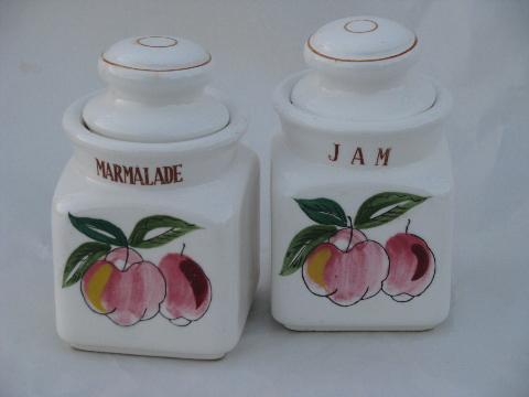 photo of marmalade and jam, pair vintage hand painted Japan preserves pots #1