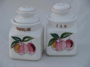 catalog photo of marmalade and jam, pair vintage hand painted Japan preserves pots